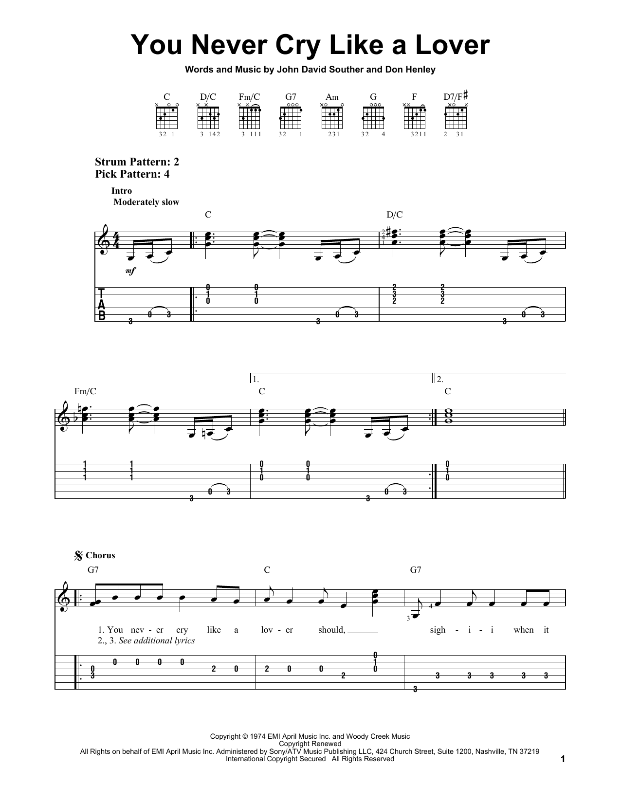 Download Eagles You Never Cry Like A Lover Sheet Music and learn how to play Easy Guitar Tab PDF digital score in minutes