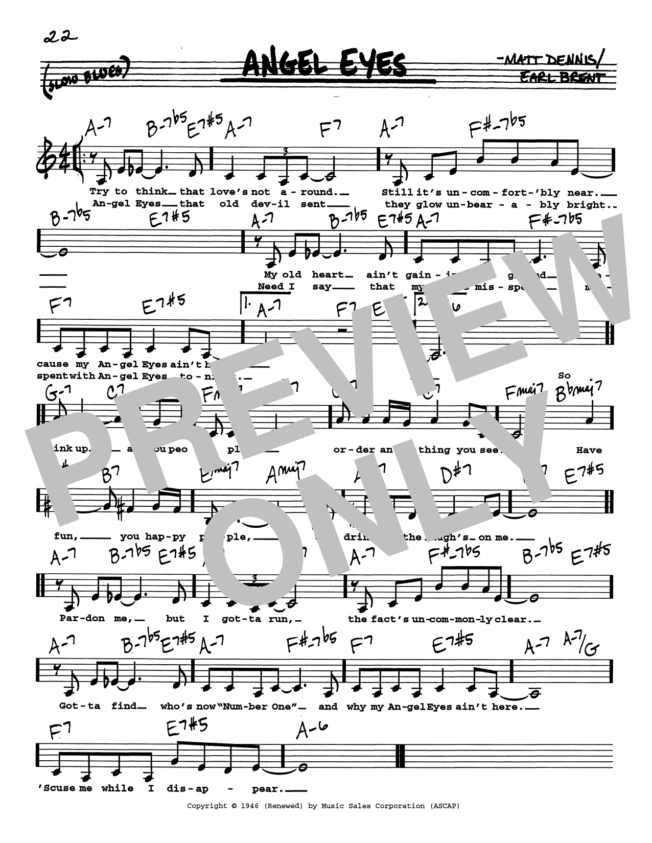 Download Earl Brent Angel Eyes (Low Voice) Sheet Music and learn how to play Real Book – Melody, Lyrics & Chords PDF digital score in minutes