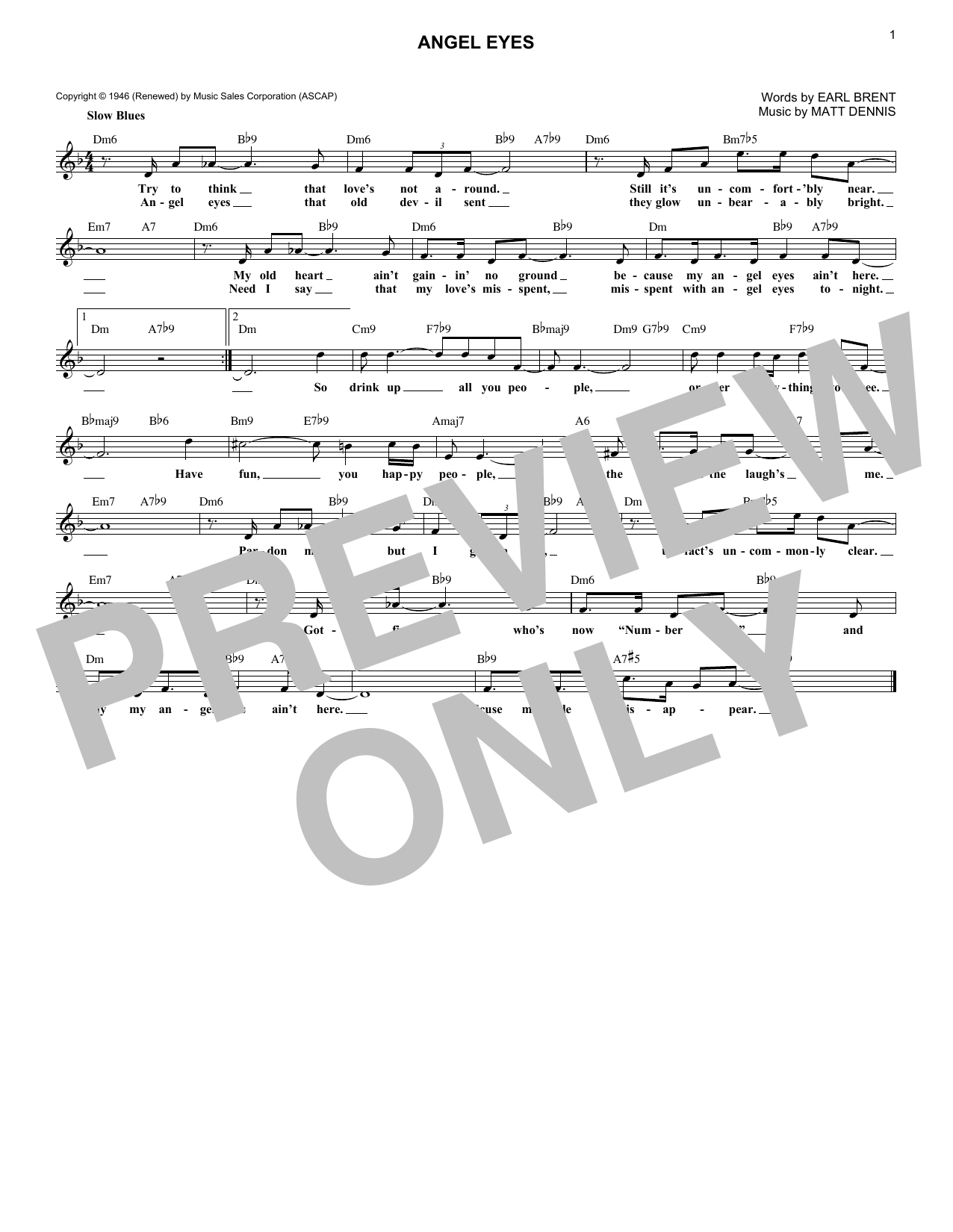 Download Earl Brent Angel Eyes Sheet Music and learn how to play Melody Line, Lyrics & Chords PDF digital score in minutes