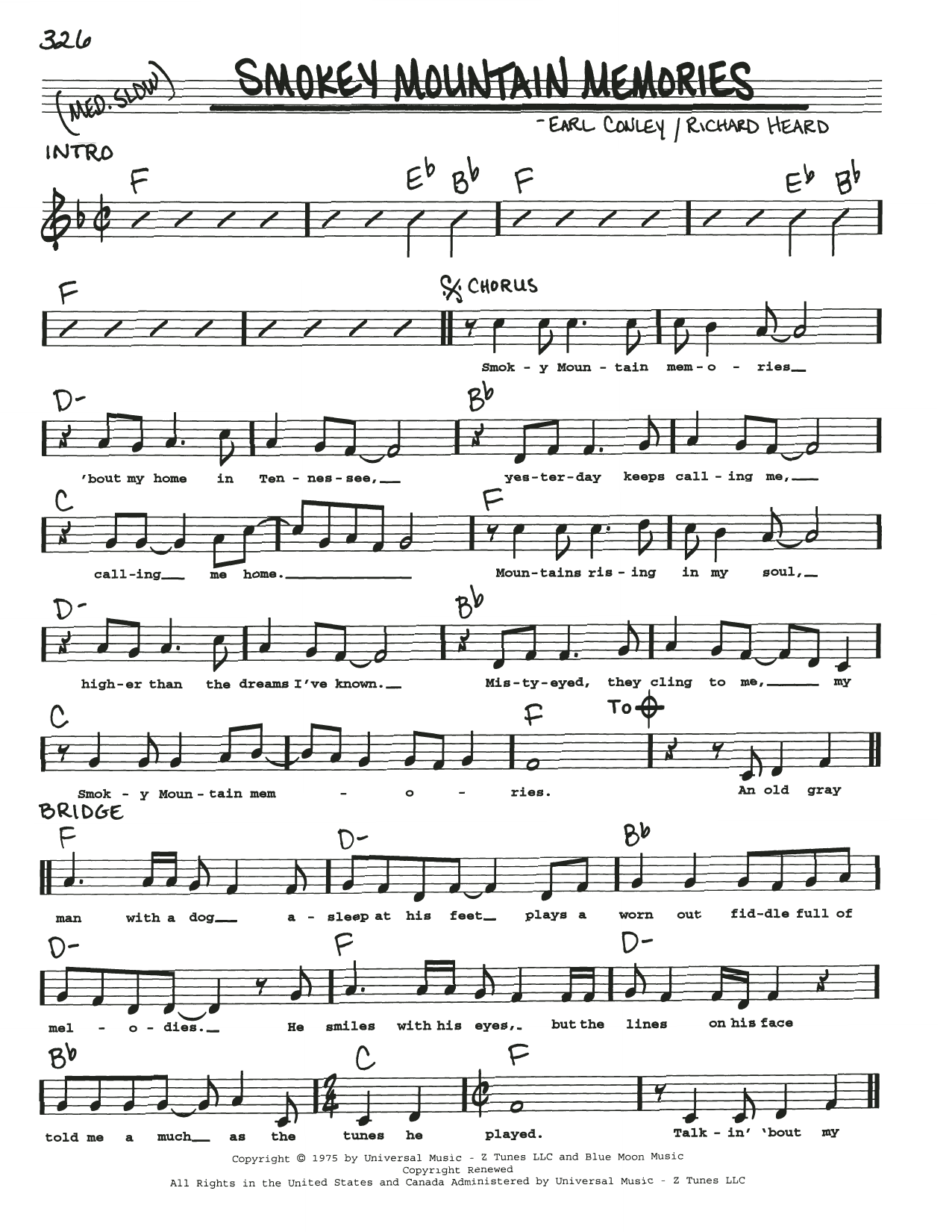 Download Earl Conley Smokey Mountain Memories Sheet Music and learn how to play Real Book – Melody, Lyrics & Chords PDF digital score in minutes