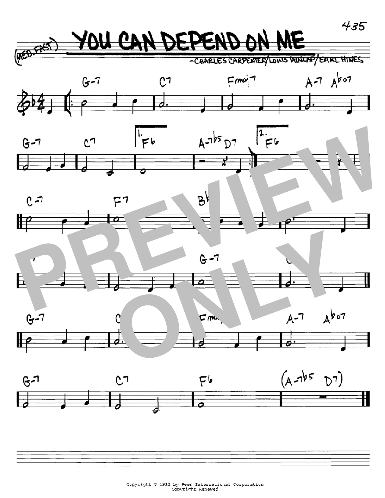 Download Earl Hines You Can Depend On Me Sheet Music and learn how to play Real Book - Melody, Lyrics & Chords - C Instruments PDF digital score in minutes