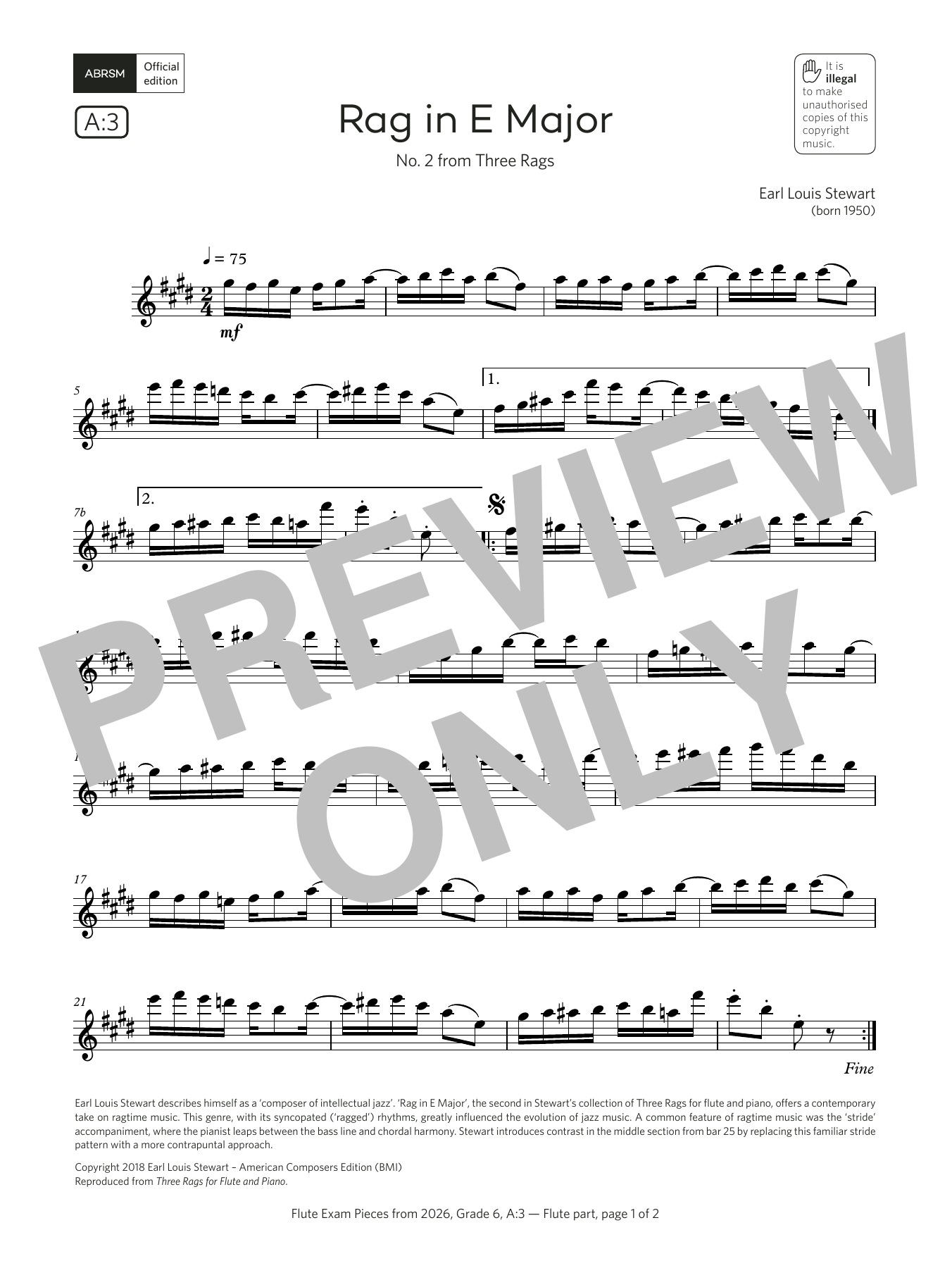 Download Earl Louis Stewart Rag in E Major (Grade 6, list A3, from the ABRSM Flute Syllabus from 2026) Sheet Music and learn how to play Flute Solo PDF digital score in minutes
