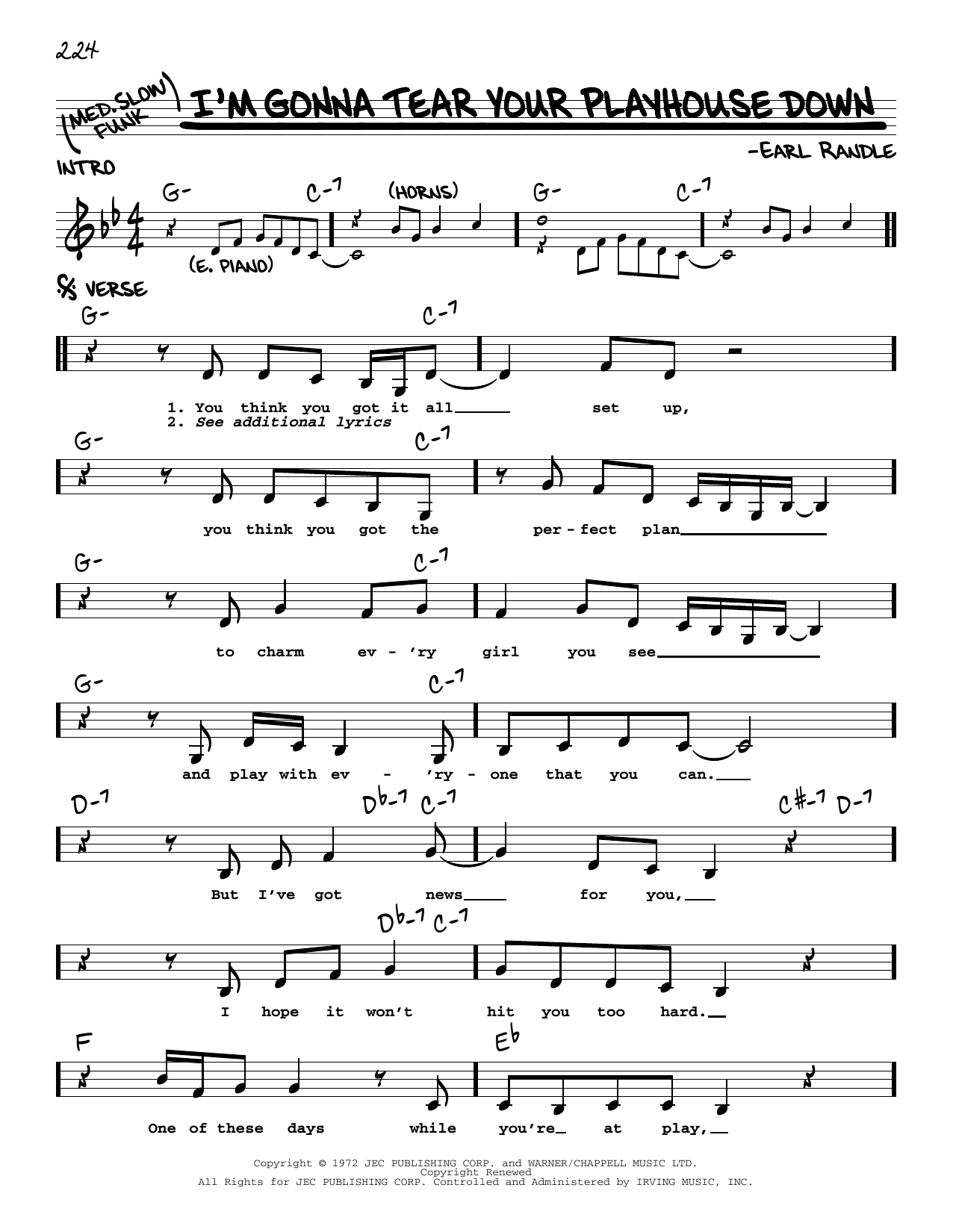 Download Earl Randle I'm Gonna Tear Your Playhouse Down Sheet Music and learn how to play Real Book – Melody & Chords PDF digital score in minutes