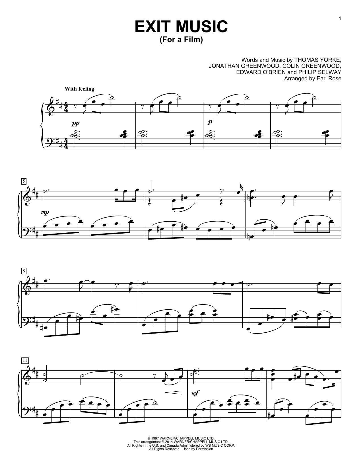 Download Radiohead Exit Music (For A Film) Sheet Music and learn how to play Piano PDF digital score in minutes