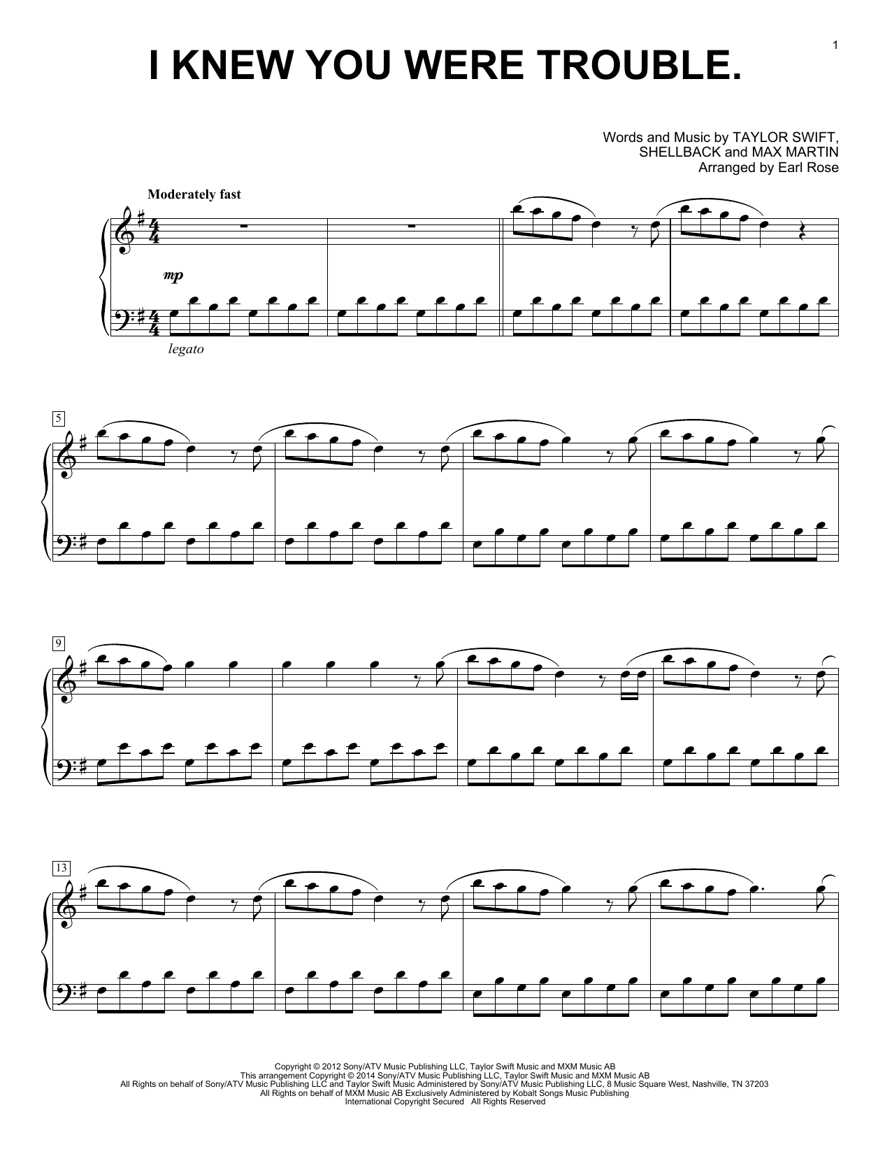 Download Taylor Swift I Knew You Were Trouble Sheet Music and learn how to play Piano PDF digital score in minutes
