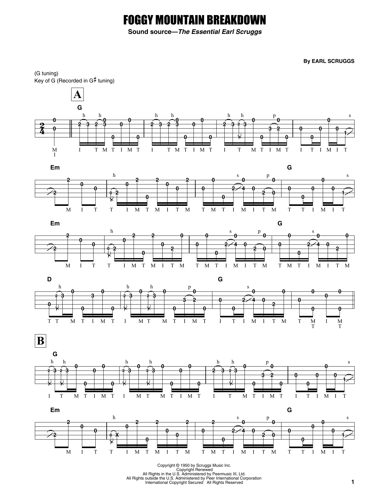 Download Earl Scruggs Foggy Mountain Breakdown Sheet Music and learn how to play Banjo Tab PDF digital score in minutes