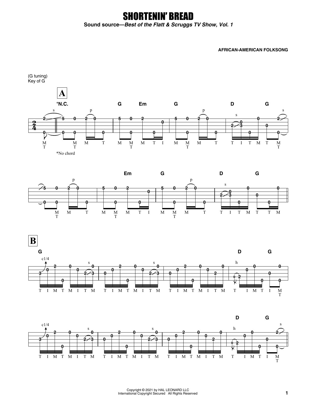 Download Earl Scruggs Shortenin' Bread Sheet Music and learn how to play Banjo Tab PDF digital score in minutes