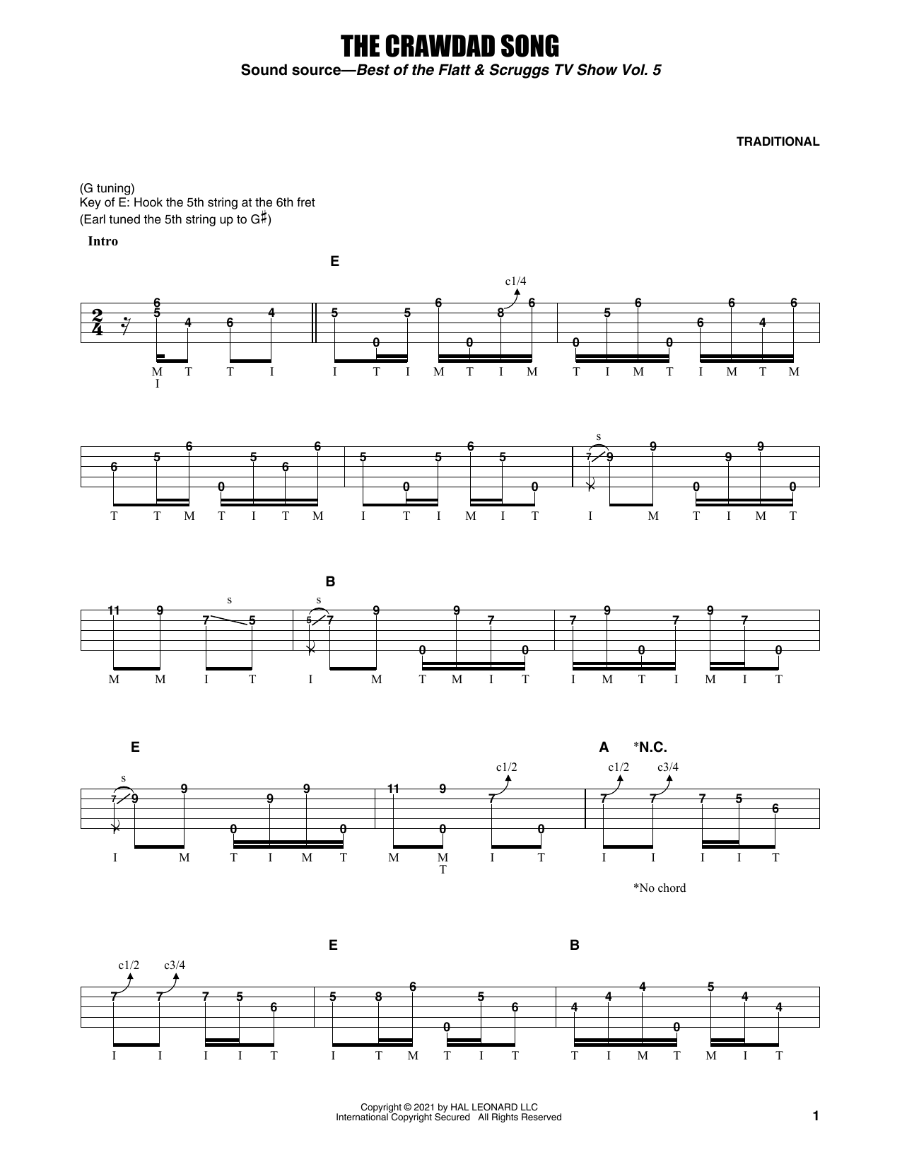Download Earl Scruggs The Crawdad Song Sheet Music and learn how to play Banjo Tab PDF digital score in minutes