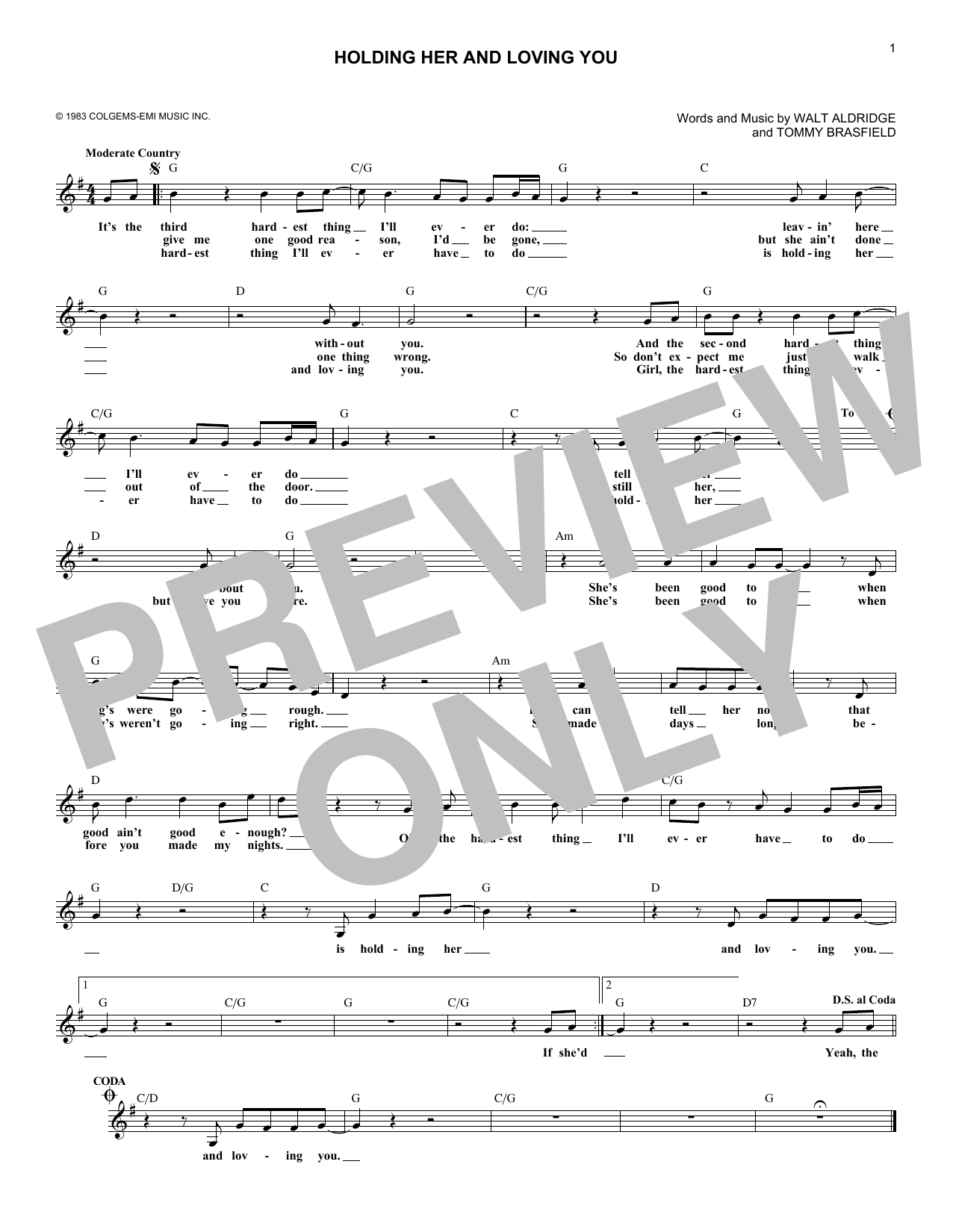 Download Earl Thomas Conley Holding Her And Loving You Sheet Music and learn how to play Melody Line, Lyrics & Chords PDF digital score in minutes