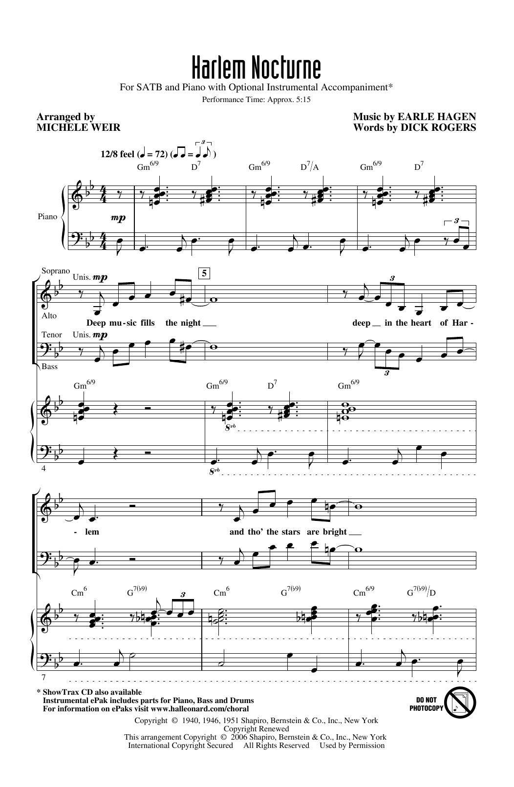 Download Earle Hagen and Dick Rogers Harlem Nocturne (arr. Michele Weir) Sheet Music and learn how to play SATB Choir PDF digital score in minutes