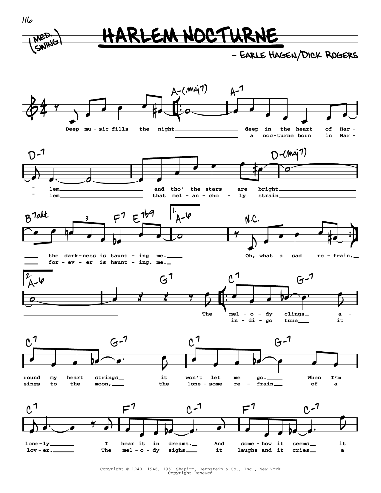 Download Earle Hagen Harlem Nocturne (High Voice) Sheet Music and learn how to play Real Book – Melody, Lyrics & Chords PDF digital score in minutes