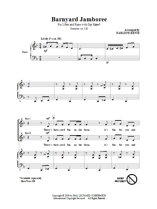 Download Earlene Rentz Barnyard Jamboree Sheet Music and learn how to play 2-Part Choir PDF digital score in minutes