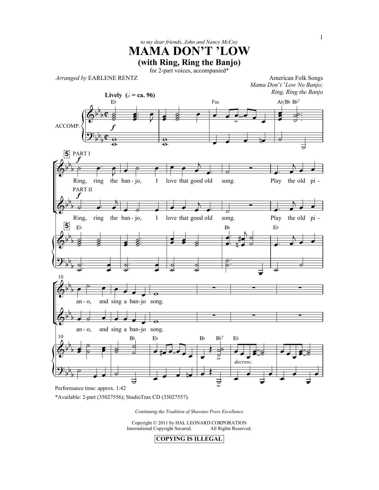Download Earlene Rentz Mama Don't 'Low (with Ring, Ring The Banjo) Sheet Music and learn how to play 2-Part Choir PDF digital score in minutes