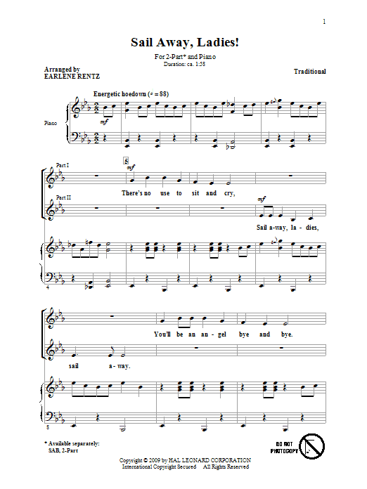 Download Traditional Sail Away, Ladies! (arr. Earlene Rentz) Sheet Music and learn how to play SAB PDF digital score in minutes