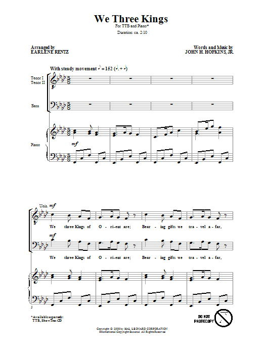 Download Earlene Rentz We Three Kings Sheet Music and learn how to play TTB Choir PDF digital score in minutes