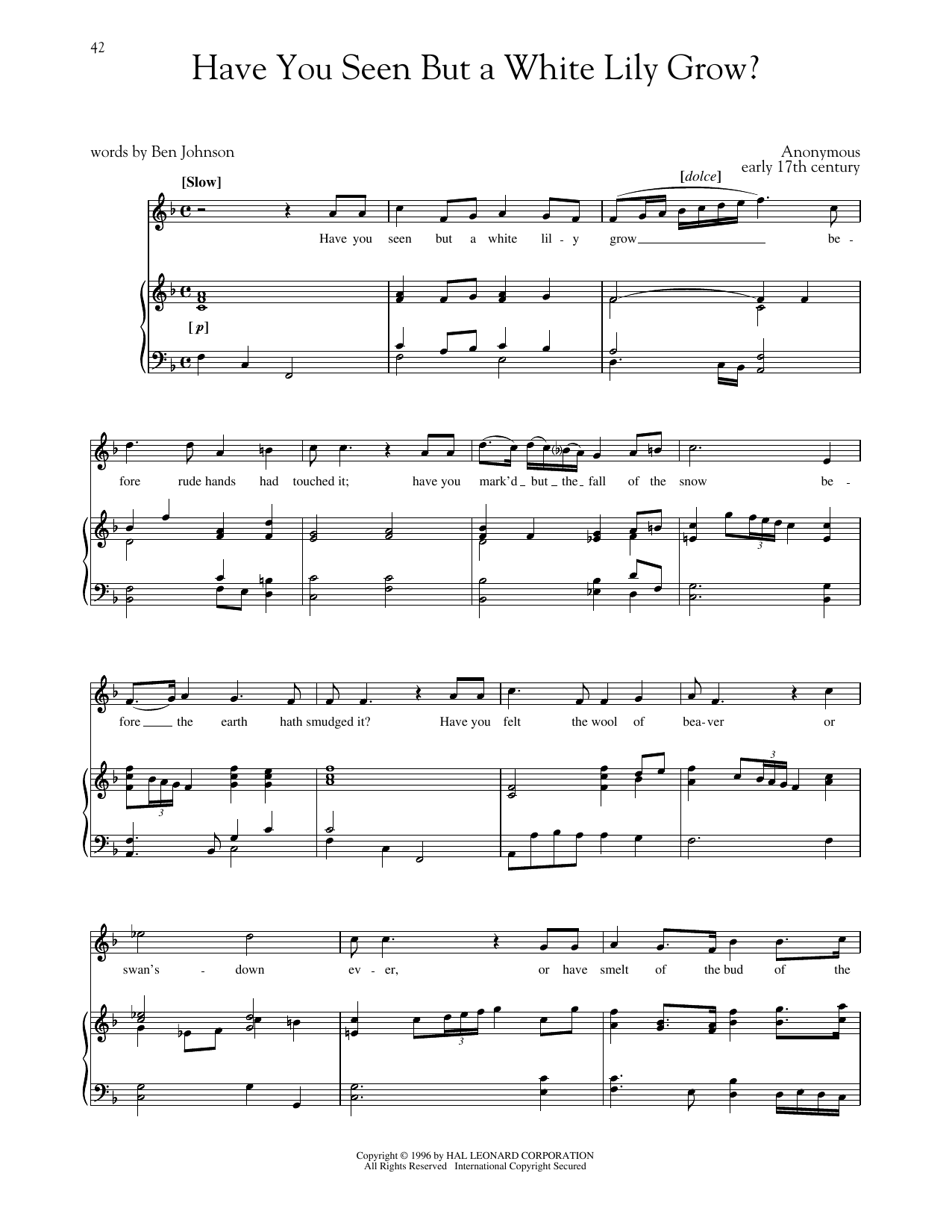 Download Early 17th Century melody Have You Seen But A White Lily Grow? (High Voice) Sheet Music and learn how to play Piano & Vocal PDF digital score in minutes