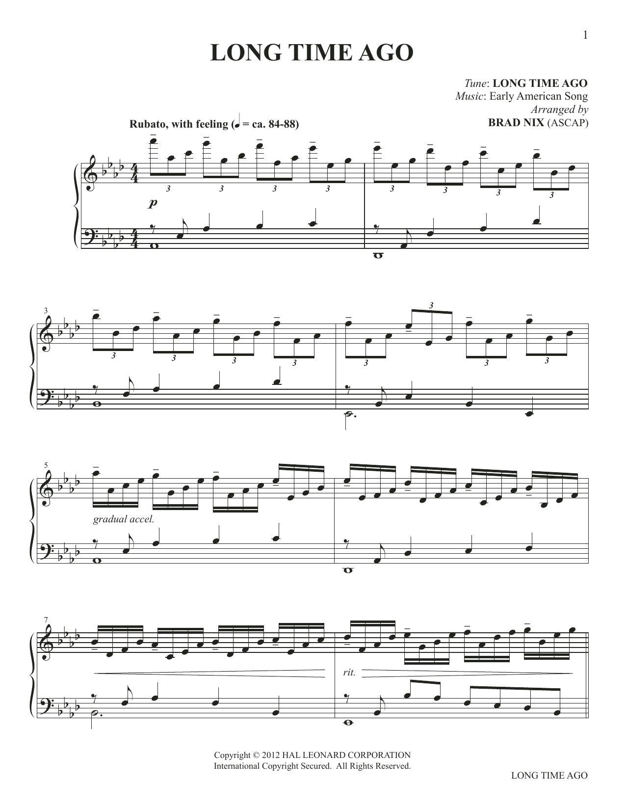 Download Early American Song Long Time Ago (arr. Brad Nix) Sheet Music and learn how to play Piano Solo PDF digital score in minutes