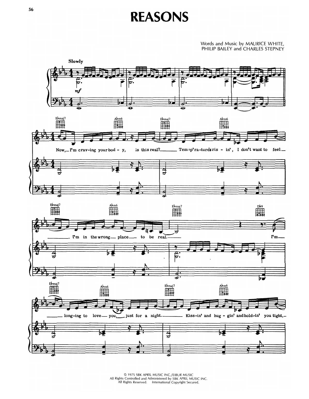 Download Earth, Wind & Fire Reasons Sheet Music and learn how to play Piano, Vocal & Guitar Chords (Right-Hand Melody) PDF digital score in minutes