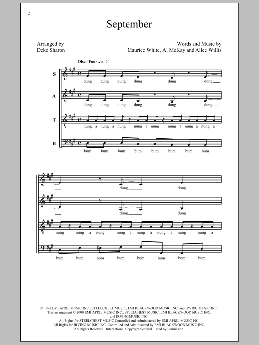 Download Earth, Wind & Fire September (arr. Deke Sharon) Sheet Music and learn how to play SATB PDF digital score in minutes
