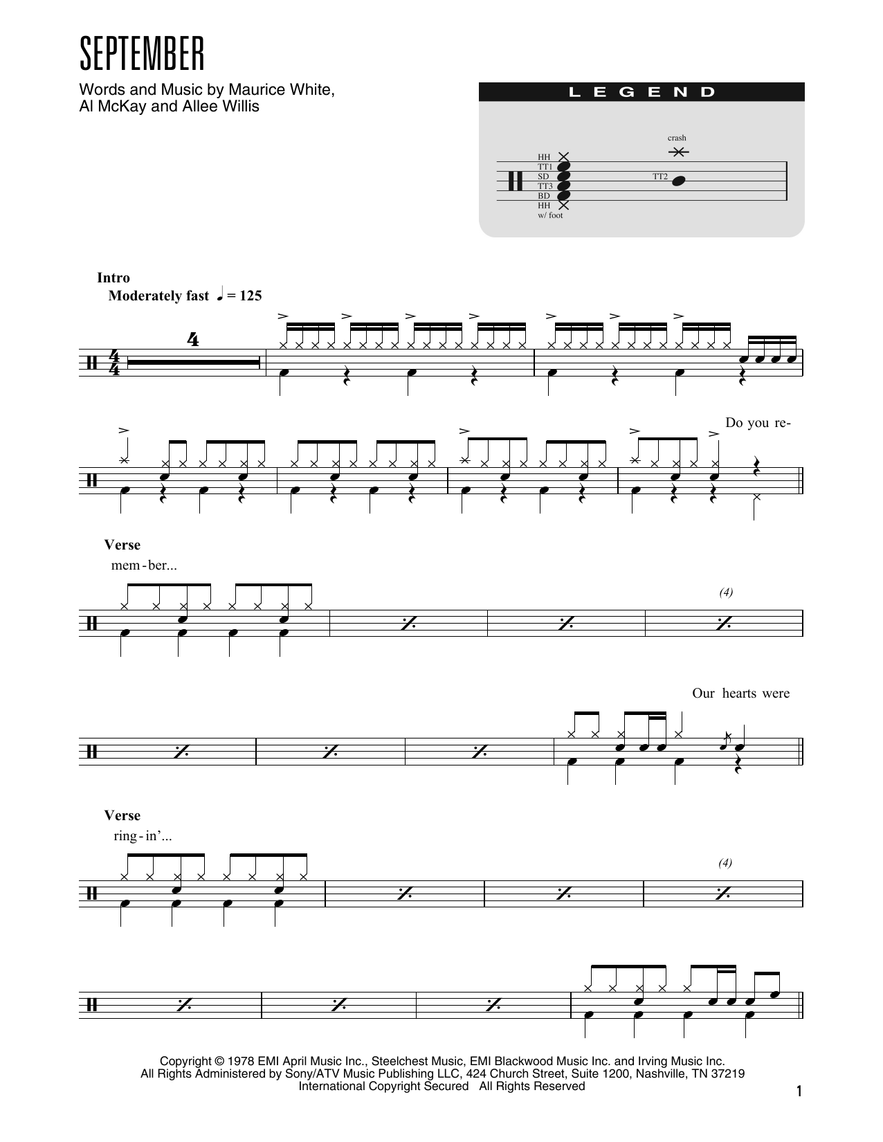 Download Earth, Wind & Fire September (arr. Kennan Wylie) Sheet Music and learn how to play Drum Chart PDF digital score in minutes