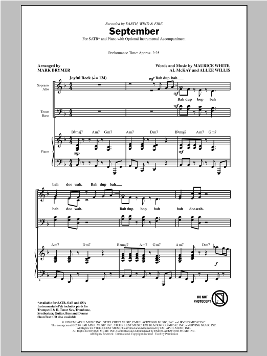 Download Earth, Wind & Fire September (arr. Mark Brymer) Sheet Music and learn how to play SATB PDF digital score in minutes