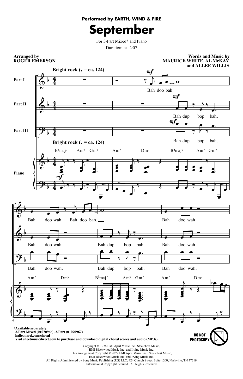 Download Earth, Wind & Fire September (arr. Roger Emerson) Sheet Music and learn how to play 2-Part Choir PDF digital score in minutes