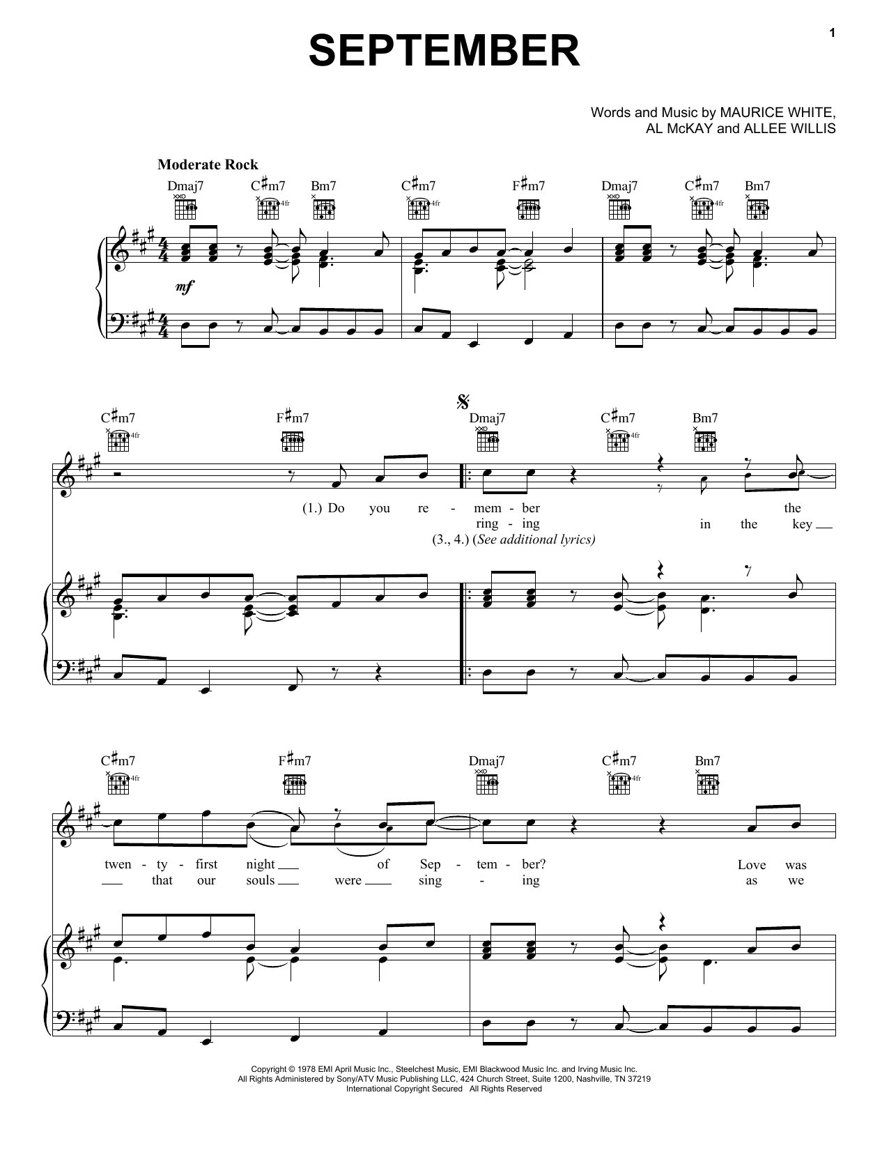 Download Earth, Wind & Fire September Sheet Music and learn how to play Piano, Vocal & Guitar PDF digital score in minutes