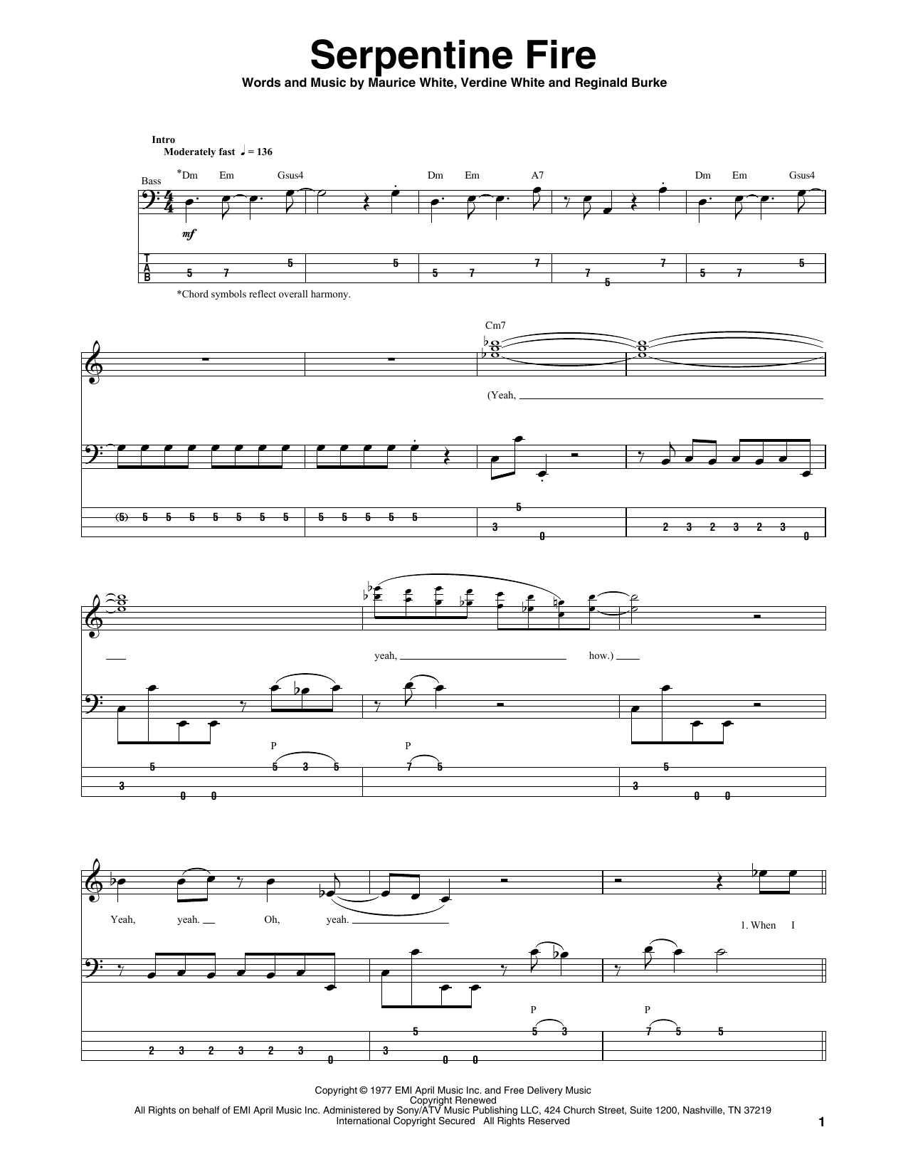 Download Earth, Wind & Fire Serpentine Fire Sheet Music and learn how to play Bass Guitar Tab PDF digital score in minutes