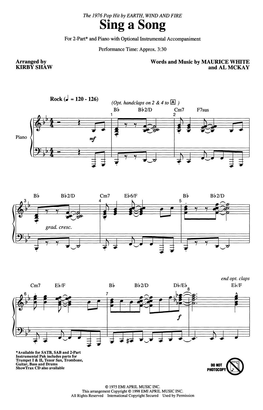 Download Earth, Wind & Fire Sing A Song (arr. Kirby Shaw) Sheet Music and learn how to play 2-Part Choir PDF digital score in minutes