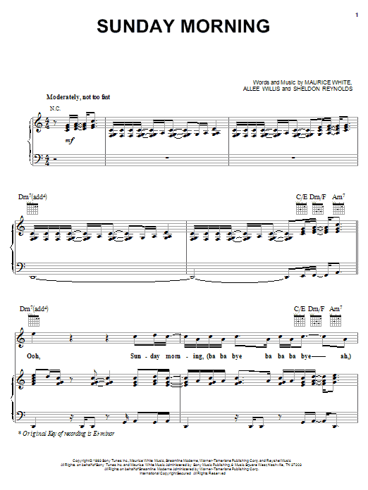 Download Earth, Wind & Fire Sunday Morning Sheet Music and learn how to play Piano, Vocal & Guitar (Right-Hand Melody) PDF digital score in minutes