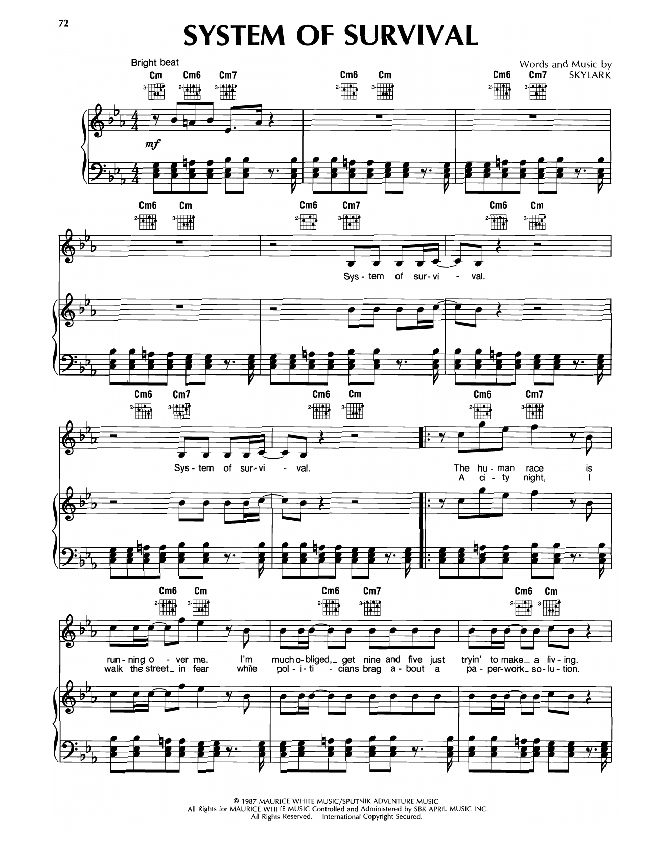 Download Earth, Wind & Fire System Of Survival Sheet Music and learn how to play Piano, Vocal & Guitar Chords (Right-Hand Melody) PDF digital score in minutes