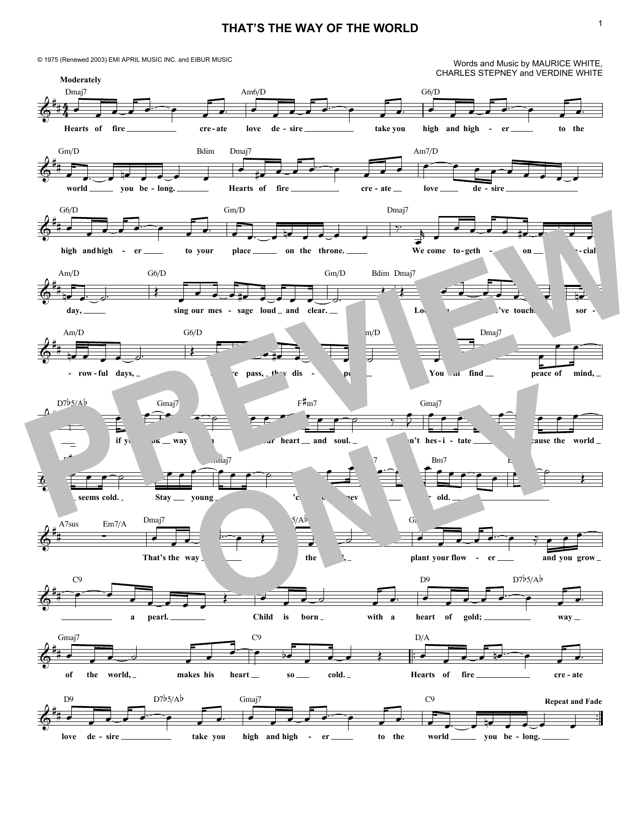 Download Earth, Wind & Fire That's The Way Of The World Sheet Music and learn how to play Melody Line, Lyrics & Chords PDF digital score in minutes