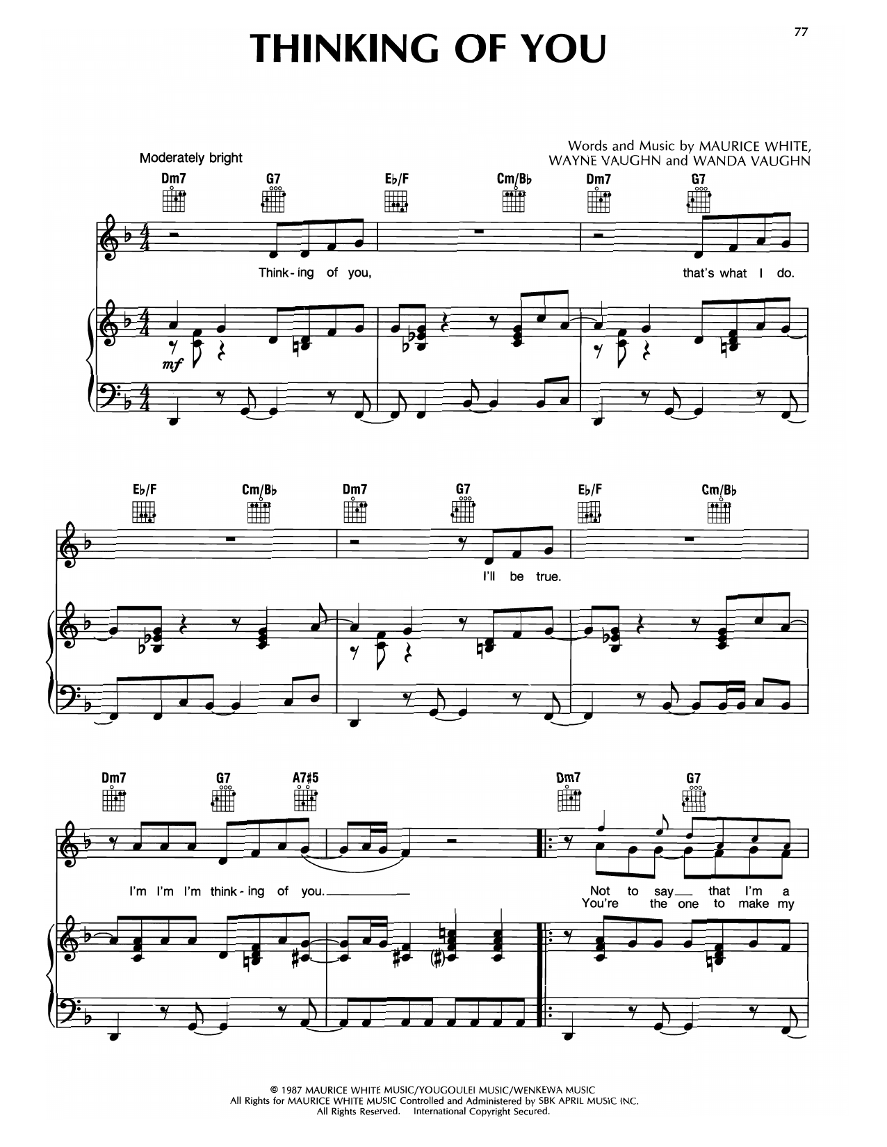 Download Earth, Wind & Fire Thinking Of You Sheet Music and learn how to play Piano, Vocal & Guitar Chords (Right-Hand Melody) PDF digital score in minutes