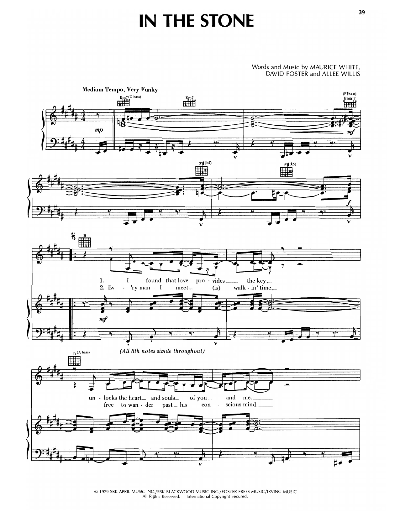 Download Earth, Wind & Fire In The Stone Sheet Music and learn how to play Piano, Vocal & Guitar Chords (Right-Hand Melody) PDF digital score in minutes