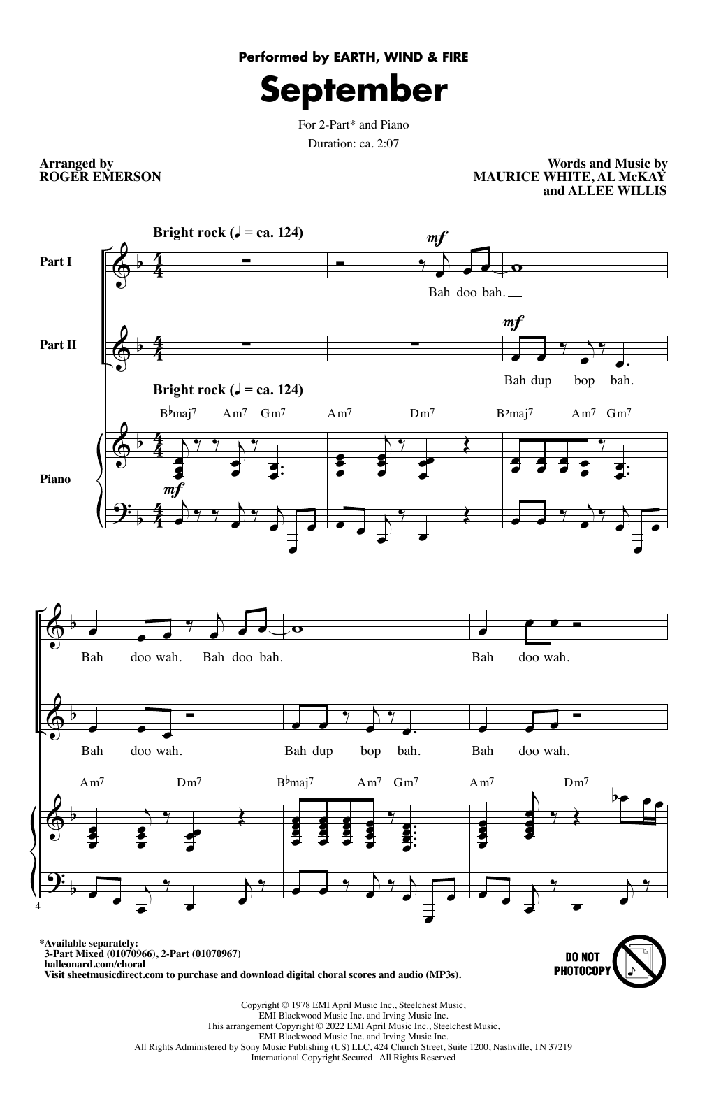 Download Earth, Wind & Fire September (arr. Roger Emerson) Sheet Music and learn how to play 2-Part Choir PDF digital score in minutes
