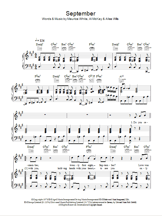 Download Earth, Wind & Fire September Sheet Music and learn how to play Piano, Vocal & Guitar PDF digital score in minutes