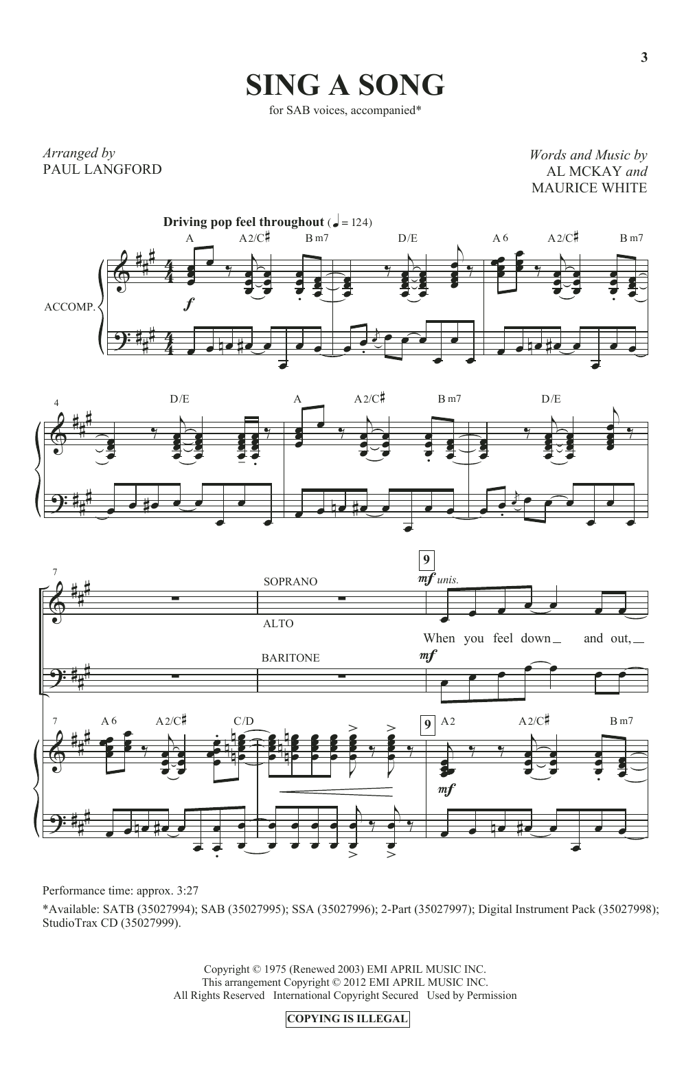 Download Earth, Wind & Fire Sing A Song (arr. Paul Langford) Sheet Music and learn how to play SAB Choir PDF digital score in minutes