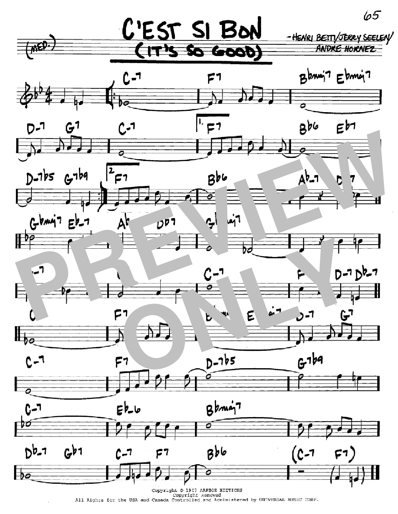 Download Eartha Kitt C'est Si Bon (It's So Good) Sheet Music and learn how to play Real Book - Melody & Chords - Bb Instruments PDF digital score in minutes
