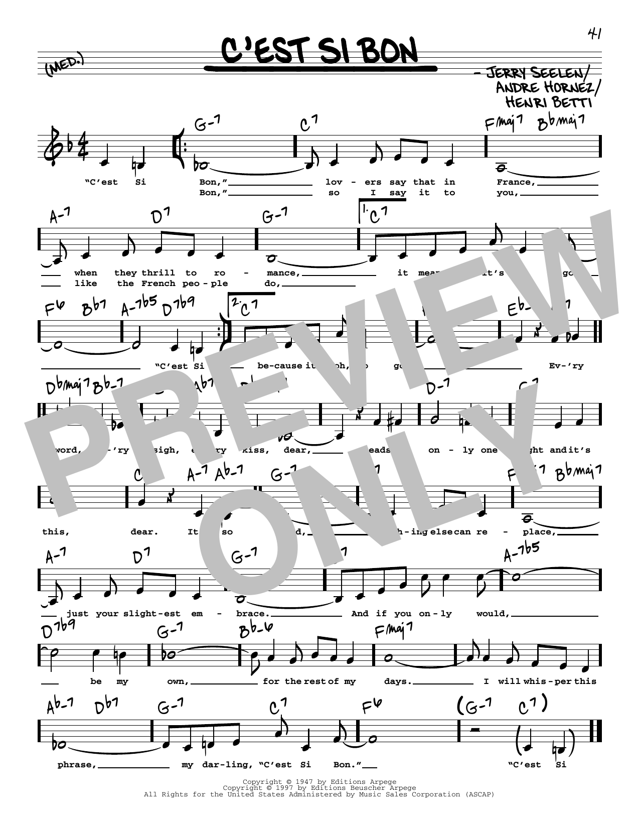 Download Eartha Kitt C'est Si Bon (Low Voice) Sheet Music and learn how to play Real Book – Melody, Lyrics & Chords PDF digital score in minutes