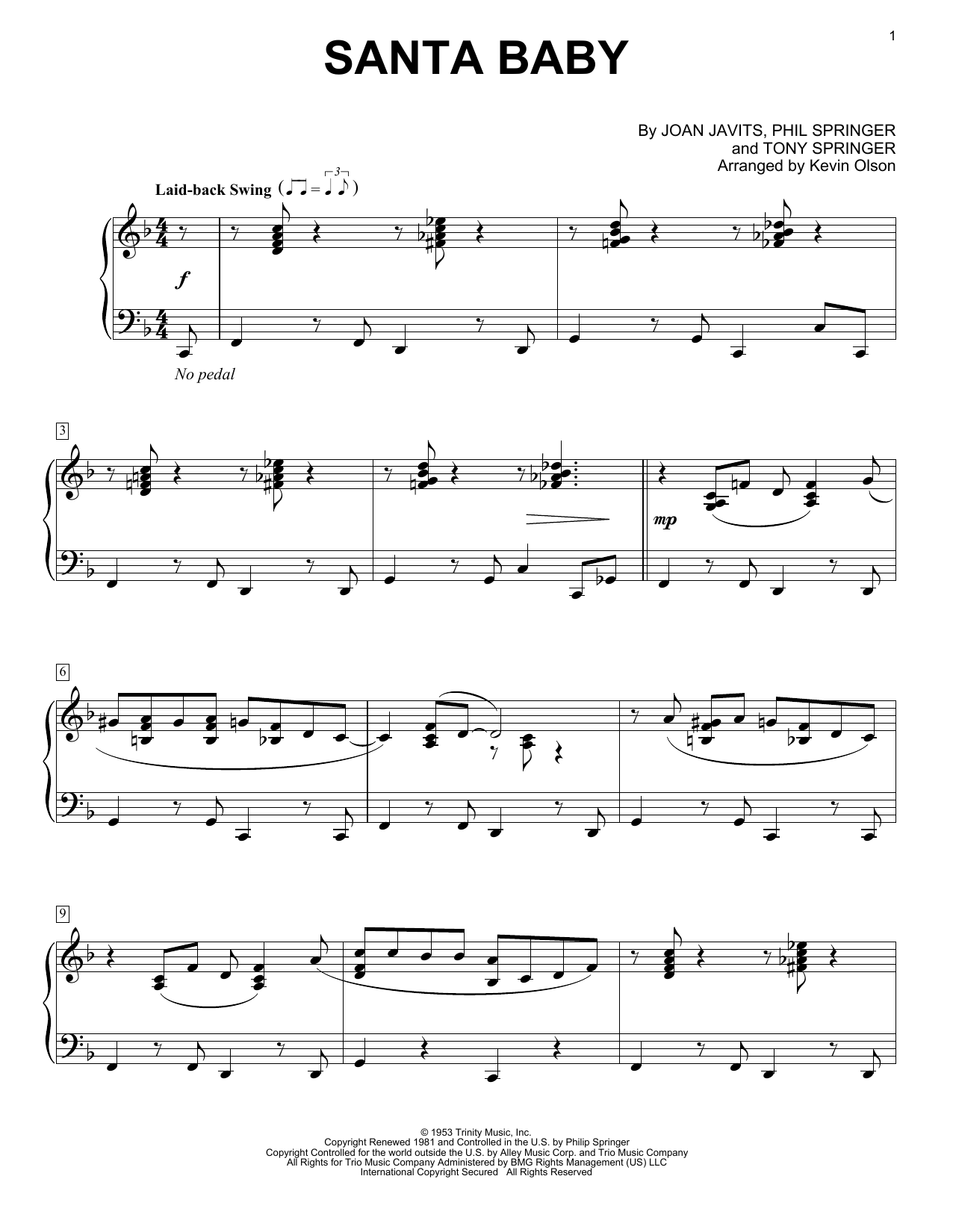 Download Eartha Kitt Santa Baby (arr. Kevin Olson) Sheet Music and learn how to play Easy Piano Solo PDF digital score in minutes