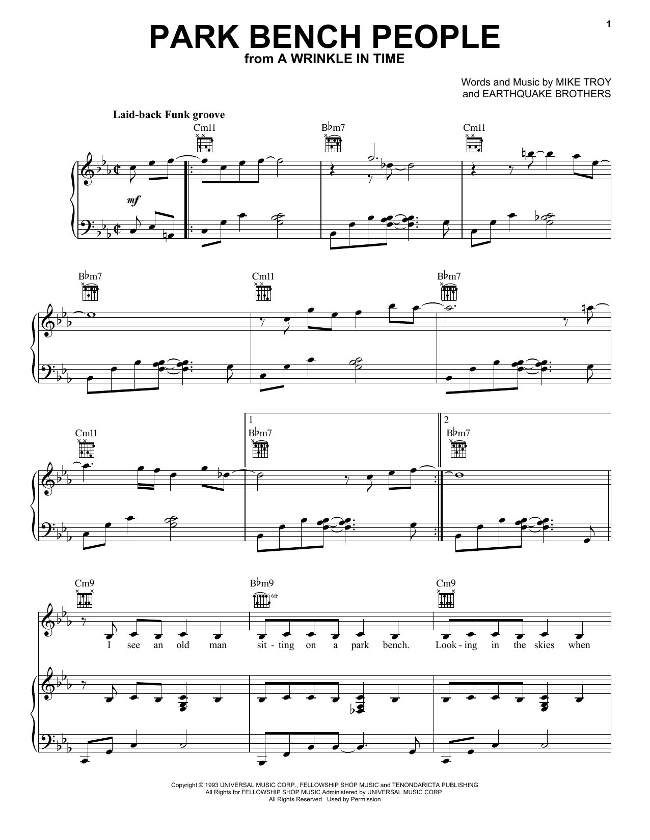 Download Earthquake Brothers Park Bench People (from A Wrinkle In Time) Sheet Music and learn how to play Easy Piano PDF digital score in minutes
