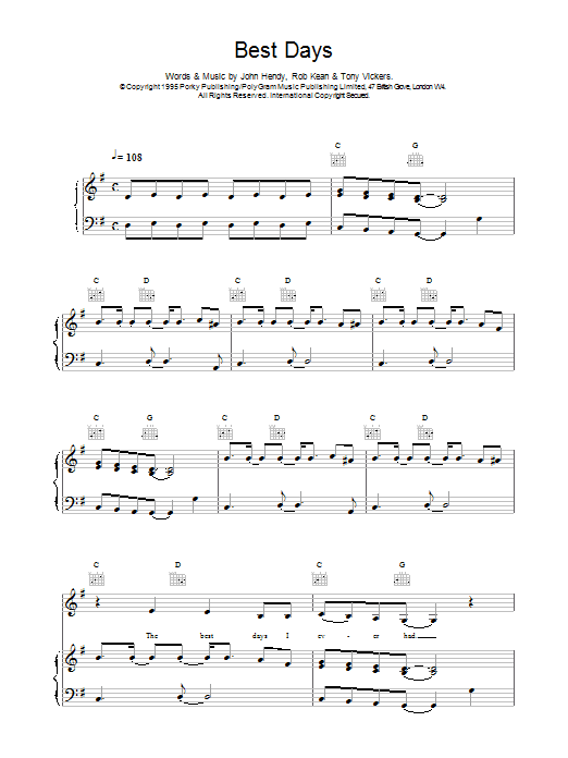 Download East 17 Best Days Sheet Music and learn how to play Piano, Vocal & Guitar (Right-Hand Melody) PDF digital score in minutes