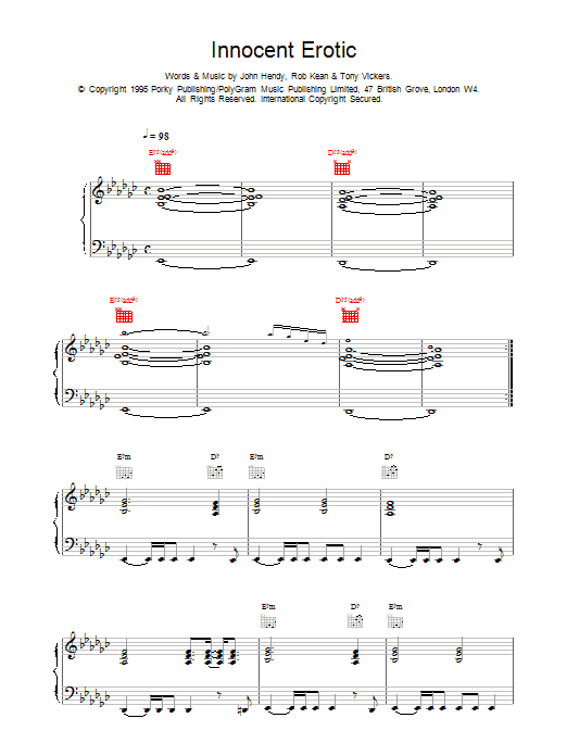 Download East 17 Innocent Erotic Sheet Music and learn how to play Piano, Vocal & Guitar (Right-Hand Melody) PDF digital score in minutes