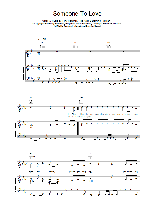 Download East 17 Somebody To Love Sheet Music and learn how to play Piano, Vocal & Guitar (Right-Hand Melody) PDF digital score in minutes