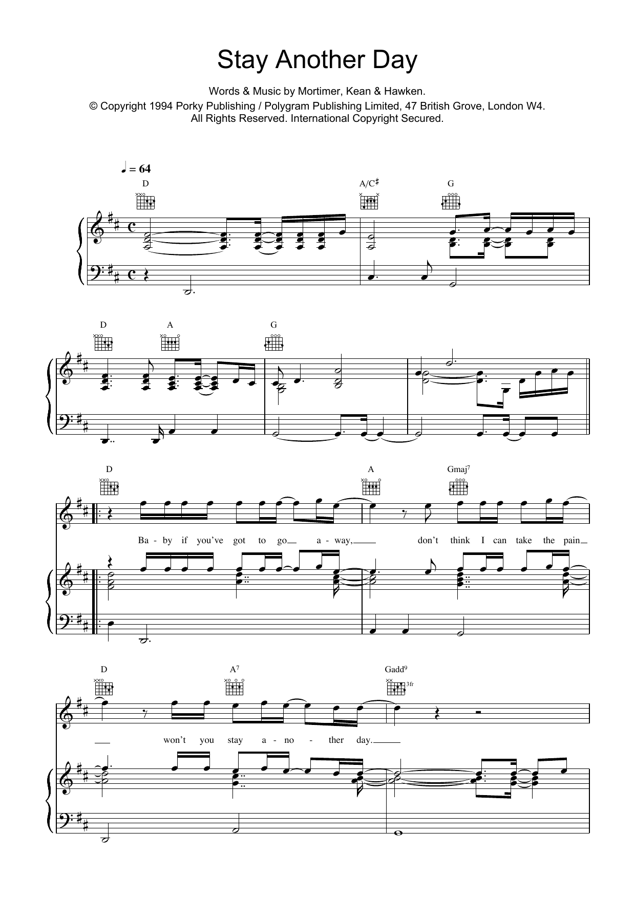 Download East 17 Stay Another Day Sheet Music and learn how to play Keyboard PDF digital score in minutes