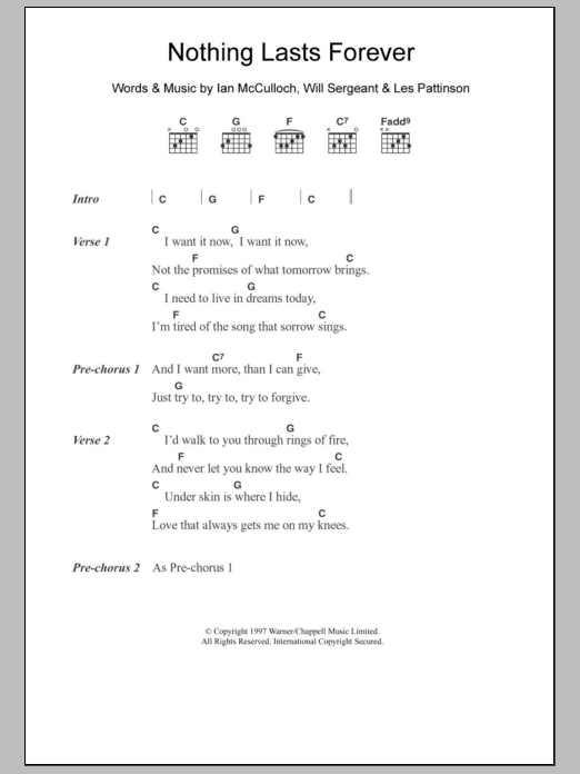 Download Echo & The Bunnymen Nothing Lasts Forever Sheet Music and learn how to play Lyrics & Chords PDF digital score in minutes
