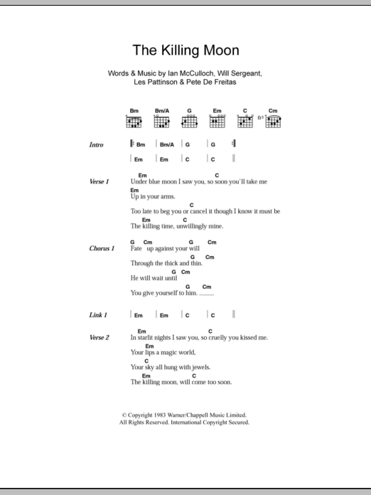 Download Echo & The Bunnymen The Killing Moon Sheet Music and learn how to play Lyrics & Chords PDF digital score in minutes