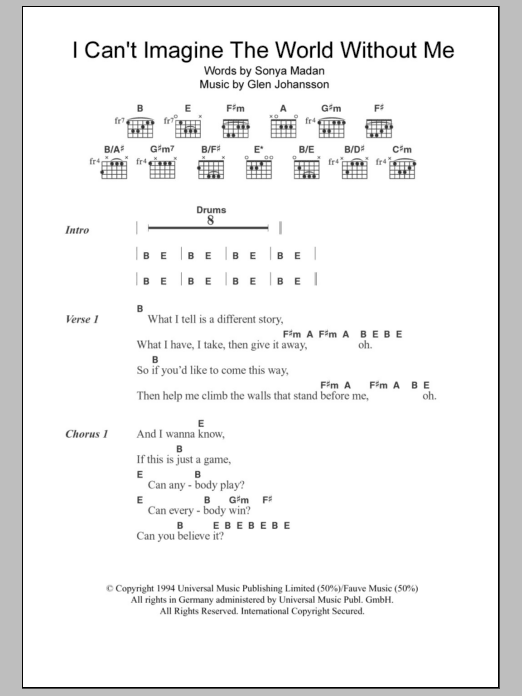 Download Echobelly I Can't Imagine The World Without Me Sheet Music and learn how to play Lyrics & Chords PDF digital score in minutes