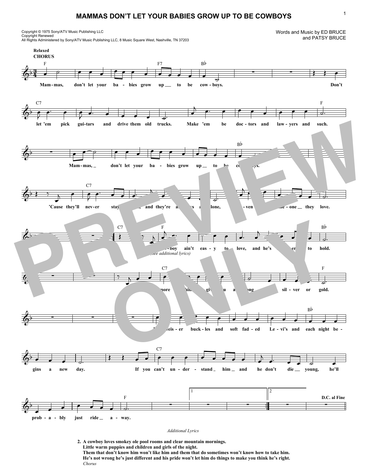 Download Ed Bruce Mammas Don't Let Your Babies Grow Up To Be Cowboys Sheet Music and learn how to play Real Book – Melody, Lyrics & Chords PDF digital score in minutes