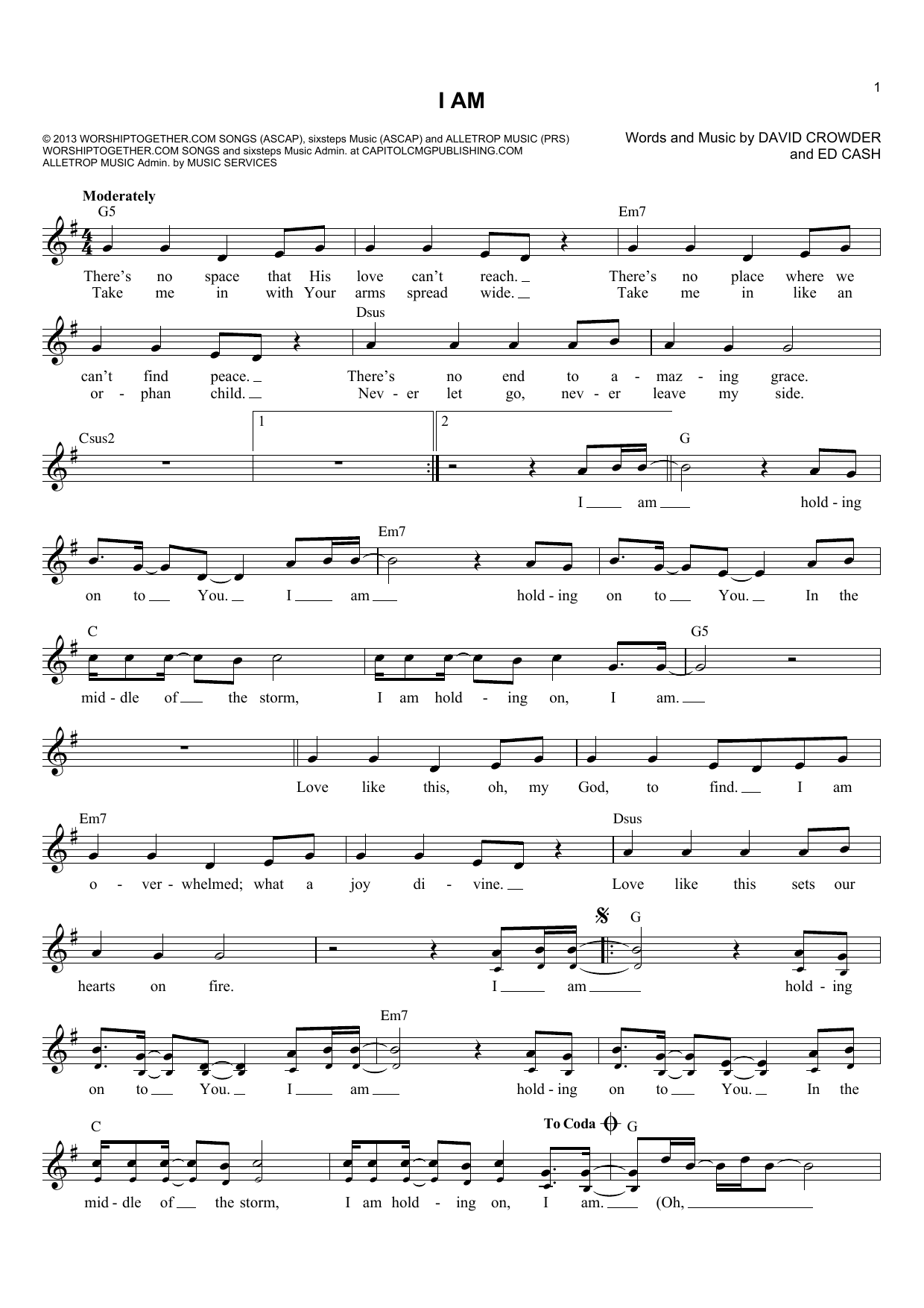 Download Crowder I Am Sheet Music and learn how to play Melody Line, Lyrics & Chords PDF digital score in minutes